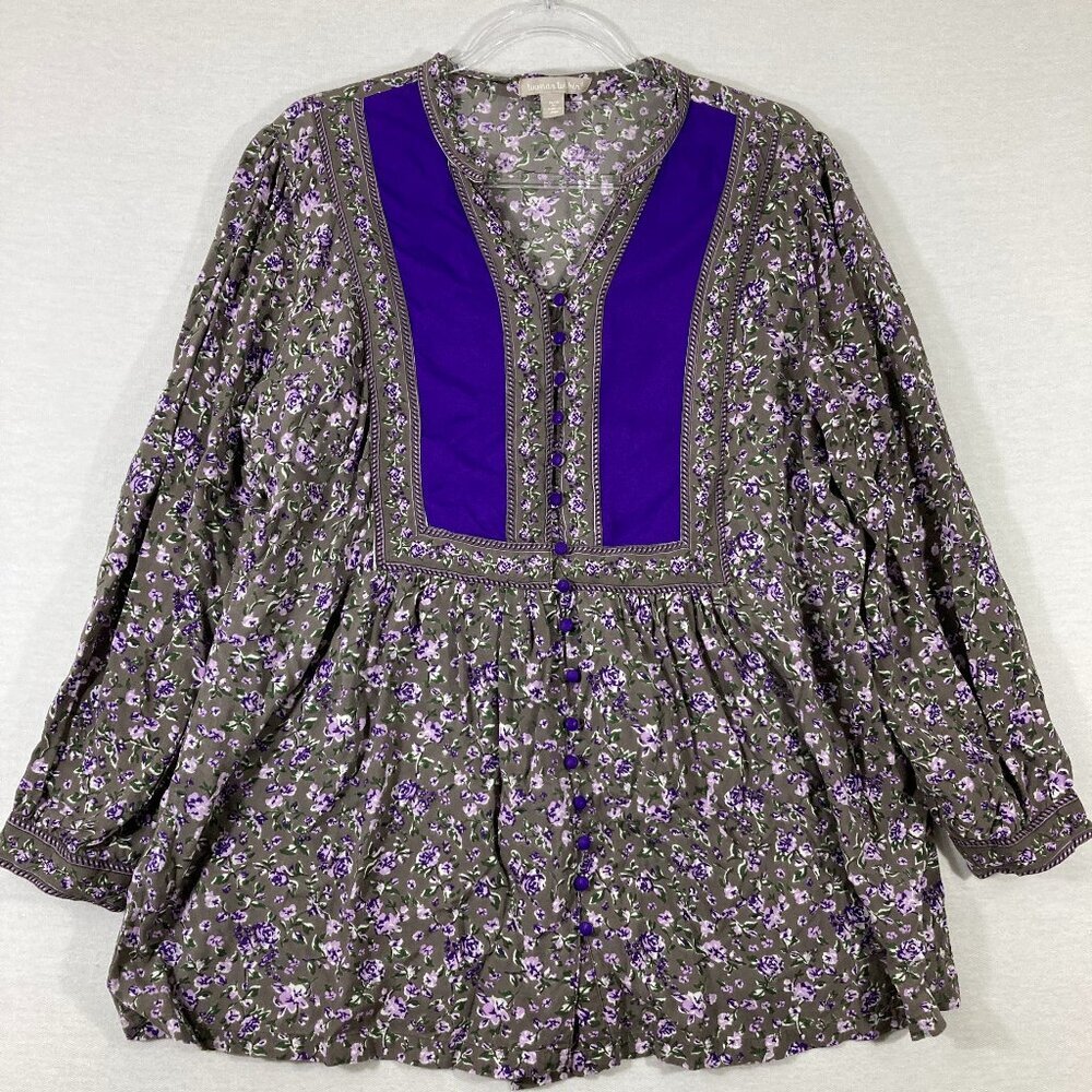 Woman Within Purple Gray Ditsy Floral Button Down Boho Peasant Blouse size 14/16